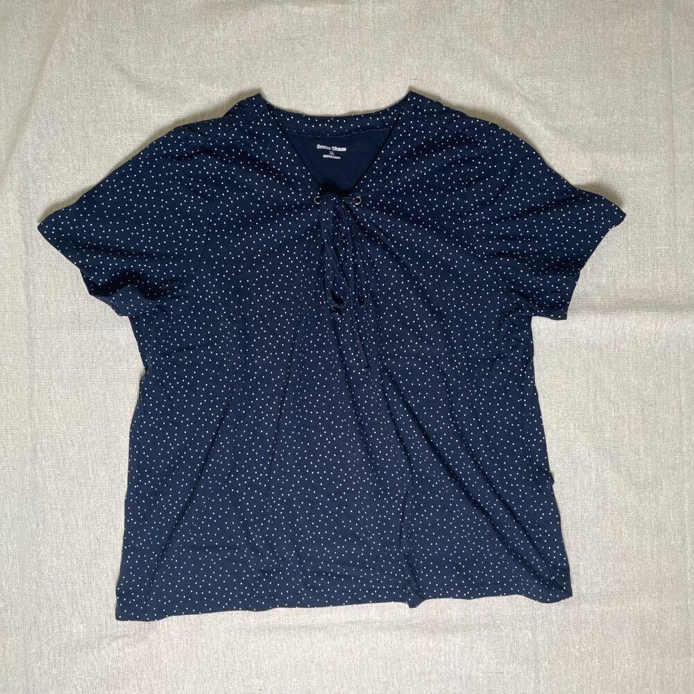 Studio Works | Navy Blue & White Polka Dot Short Sleeve Top | XL